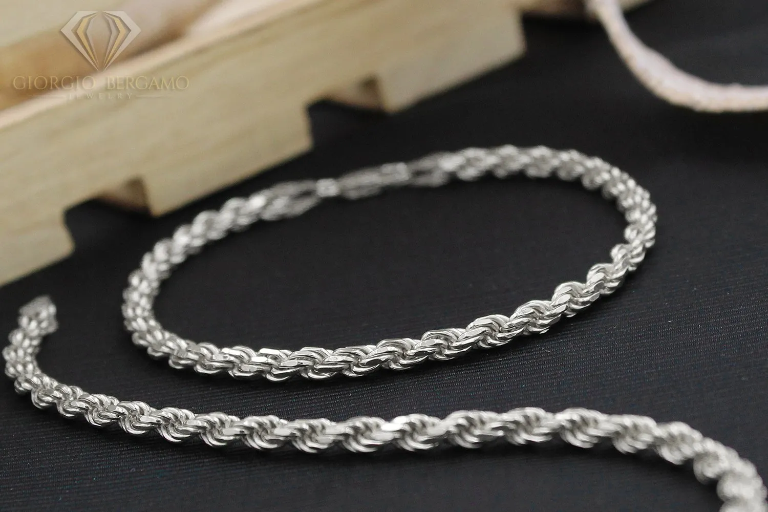 925 Sterling Silver 4mm Solid Rope Diamond Cut Rhodium Bracelet