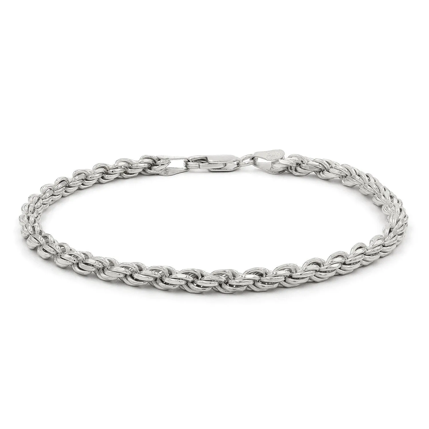925 Sterling Silver 4mm Solid Rope Diamond Cut Rhodium Bracelet