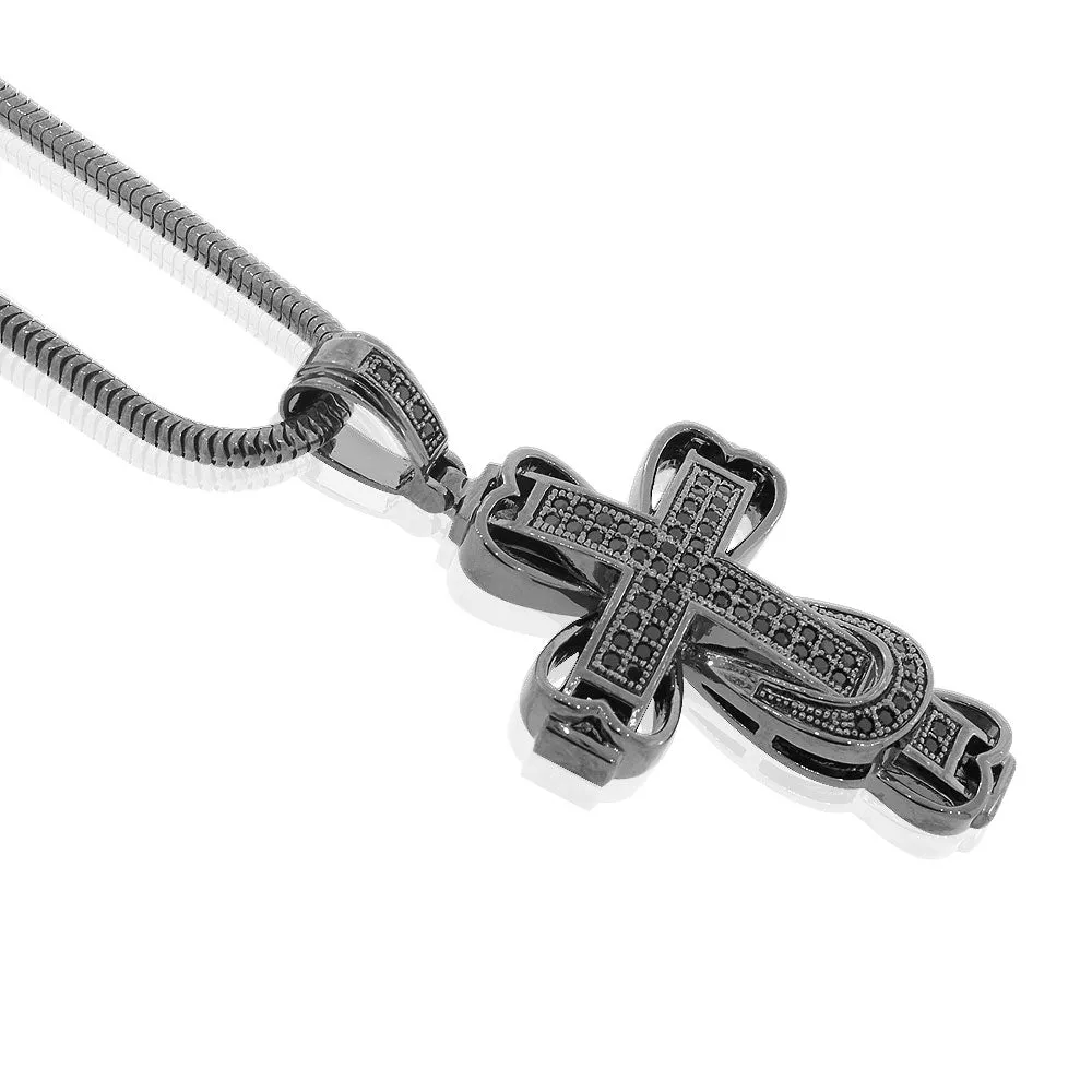 925 Sterling Silver Black Rhodium CZ Large Hip-Hop Statement Cross Pendant Necklace