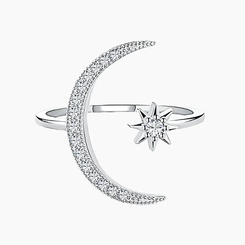 925 Sterling Silver Star Moon Open Amulet Ring