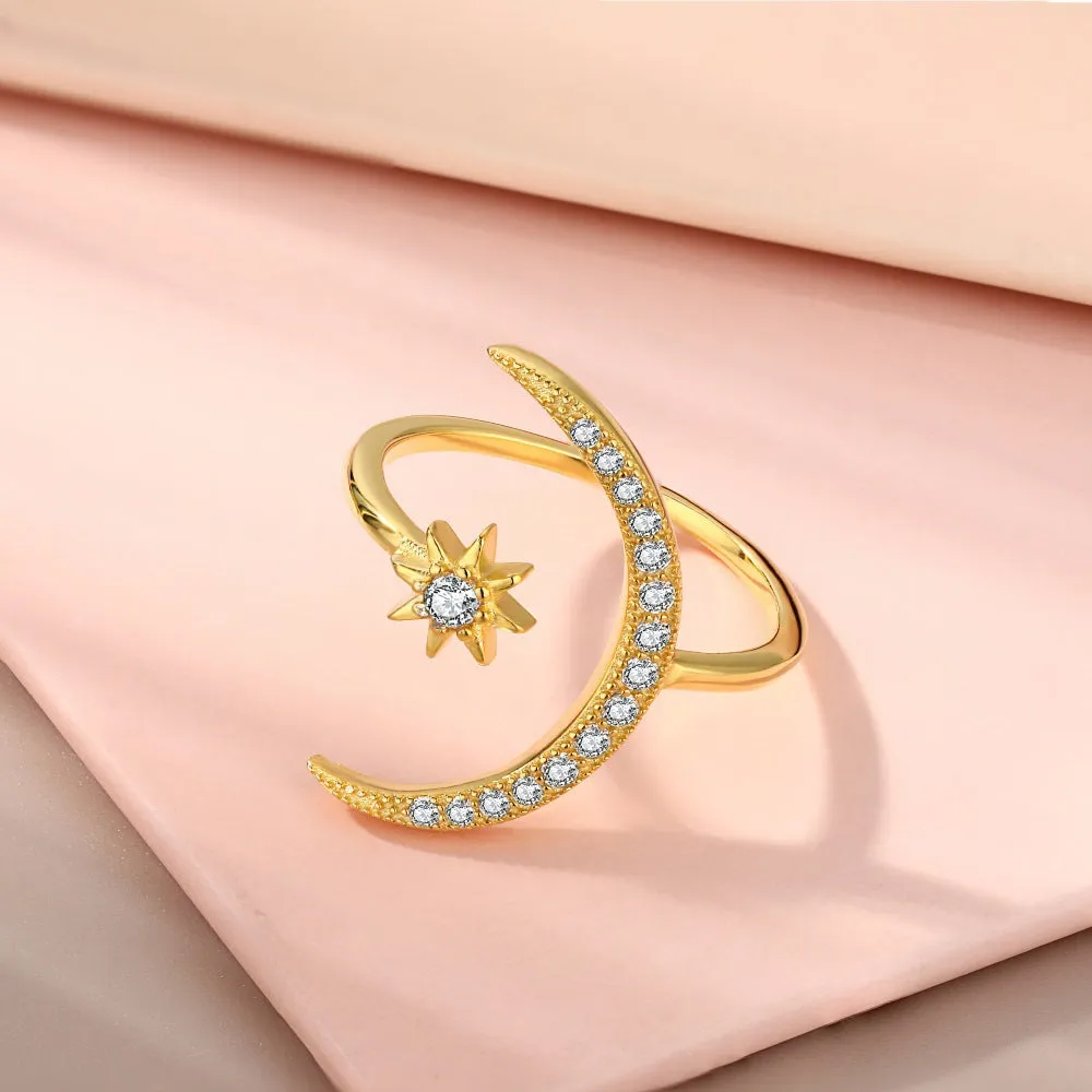 925 Sterling Silver Star Moon Open Amulet Ring