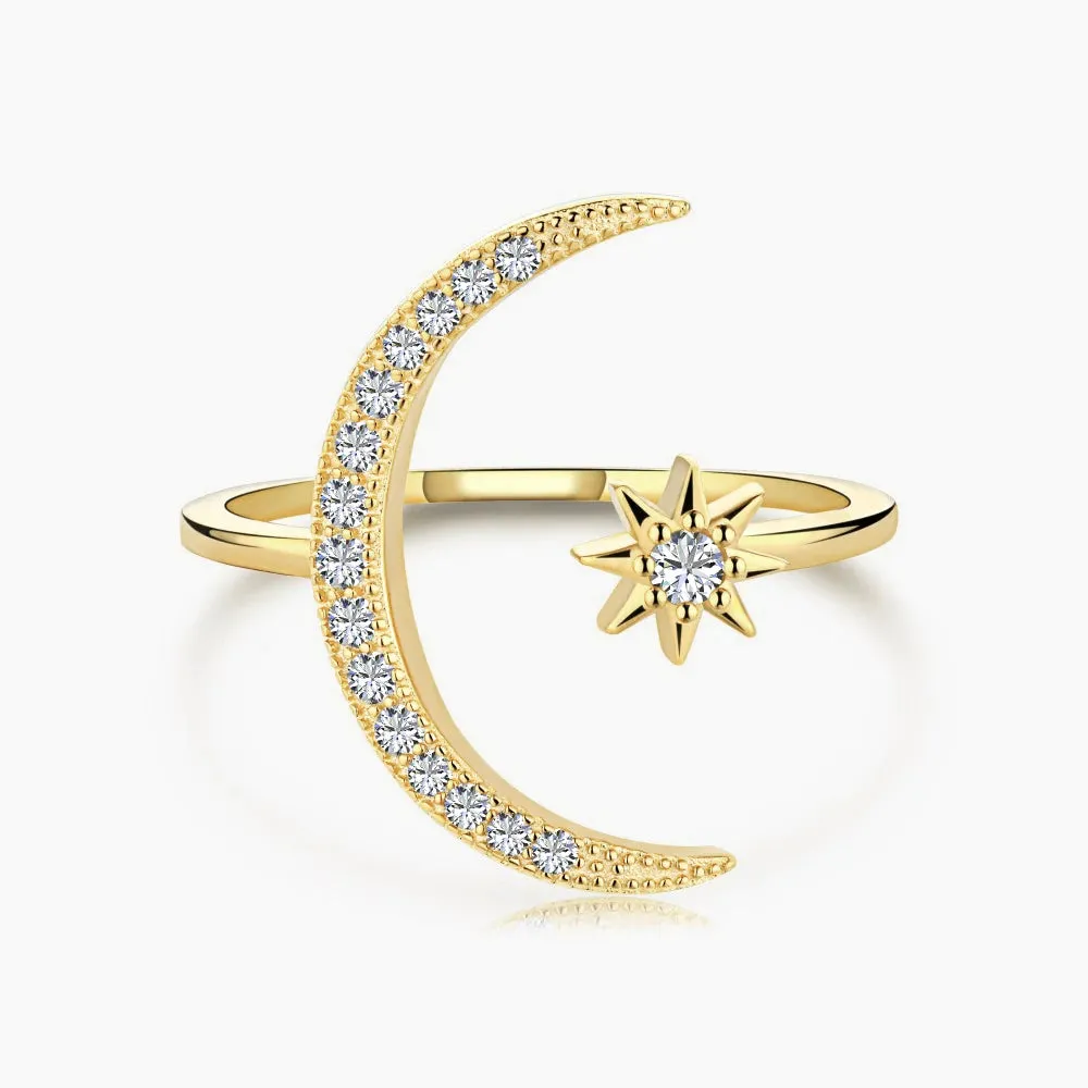 925 Sterling Silver Star Moon Open Amulet Ring
