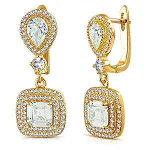 925 Sterling Silver Yellow Gold-Tone Square Teardrop CZ Drop Dangle Earrings, 1.15"
