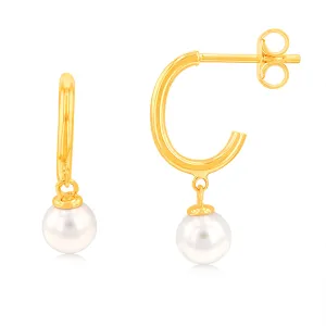 9ct Yellow Gold Fresh Water Pearl On 3/4th Hoop Earrings