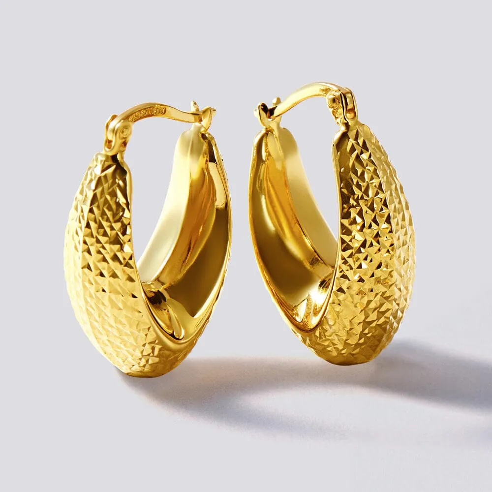 9ct Yellow Gold Silver Infused Diamond Cut Oval Hoop Earrings