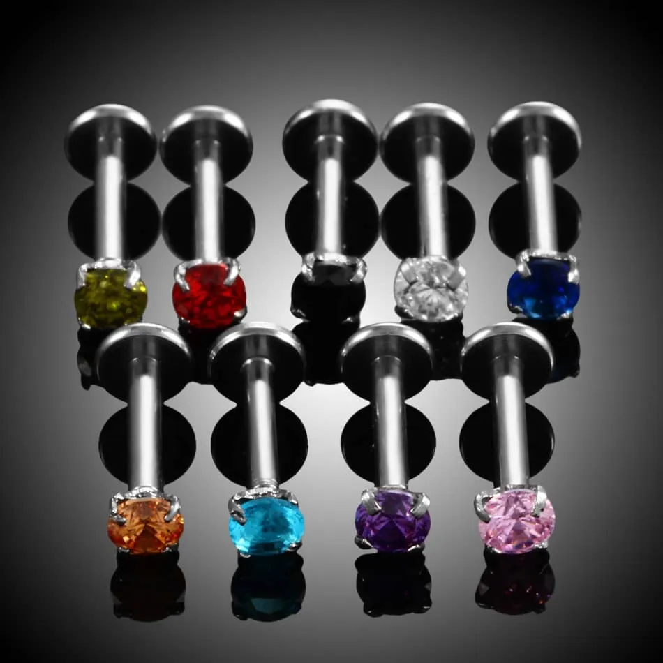 9PCS Steel CZ Gem Labret Lip Rings Jewelry Lot