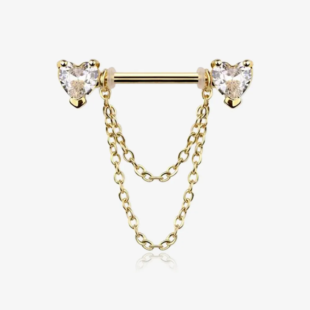 A Pair of Golden Heart Gem Sparkle Double Chained Nipple Barbell