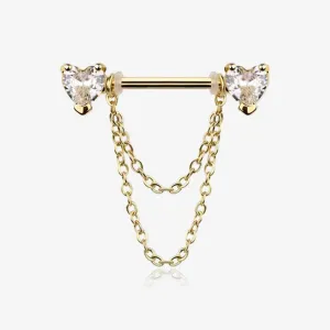 A Pair of Golden Heart Gem Sparkle Double Chained Nipple Barbell