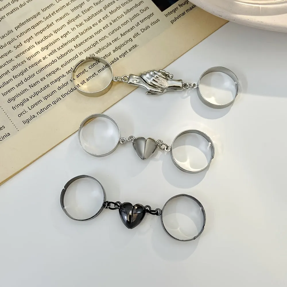 Adjustable Magnetic Couples Rings Love Heart Holding Hands