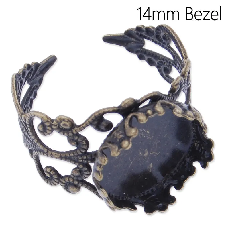 Adjustable Ring with 14mm Edge Round Bezel,Brass filled,Antique Bronze finished,20pcs/lot