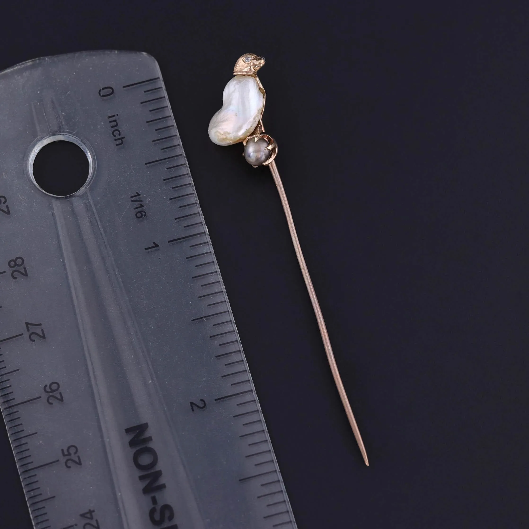 Antique Baroque Pearl Chick Stickpin of 10k Gold