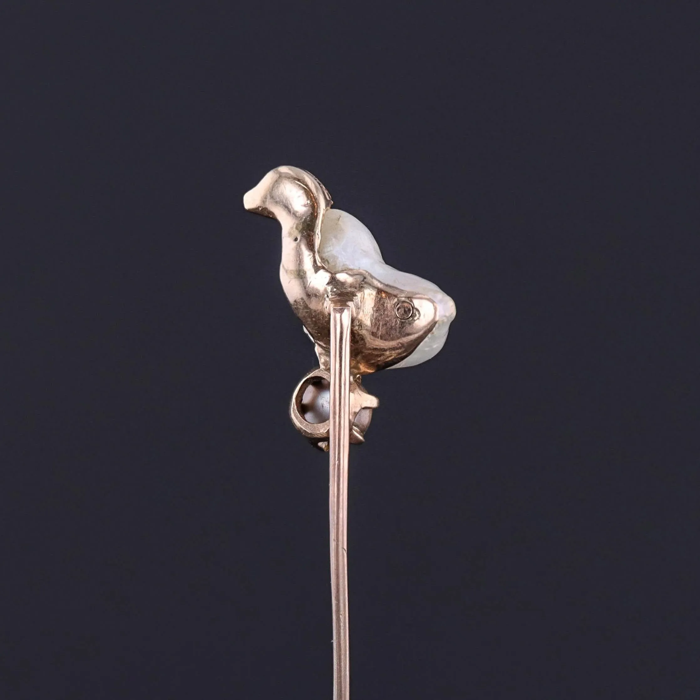 Antique Baroque Pearl Chick Stickpin of 10k Gold