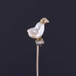 Antique Baroque Pearl Chick Stickpin of 10k Gold
