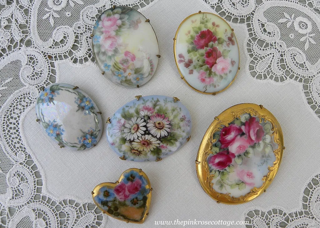 Antique Victorian Edwardian Hand Painted Pink Rose and Pansies Heart Brooch Pin