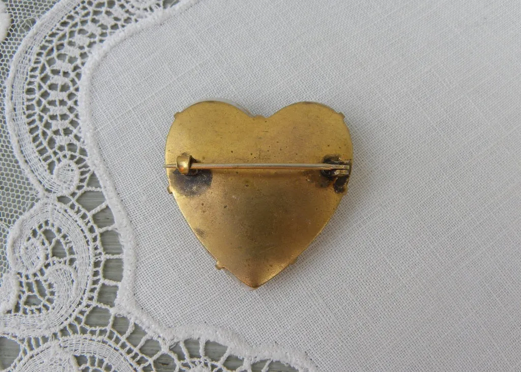 Antique Victorian Edwardian Hand Painted Pink Rose and Pansies Heart Brooch Pin