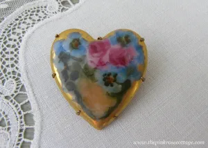 Antique Victorian Edwardian Hand Painted Pink Rose and Pansies Heart Brooch Pin