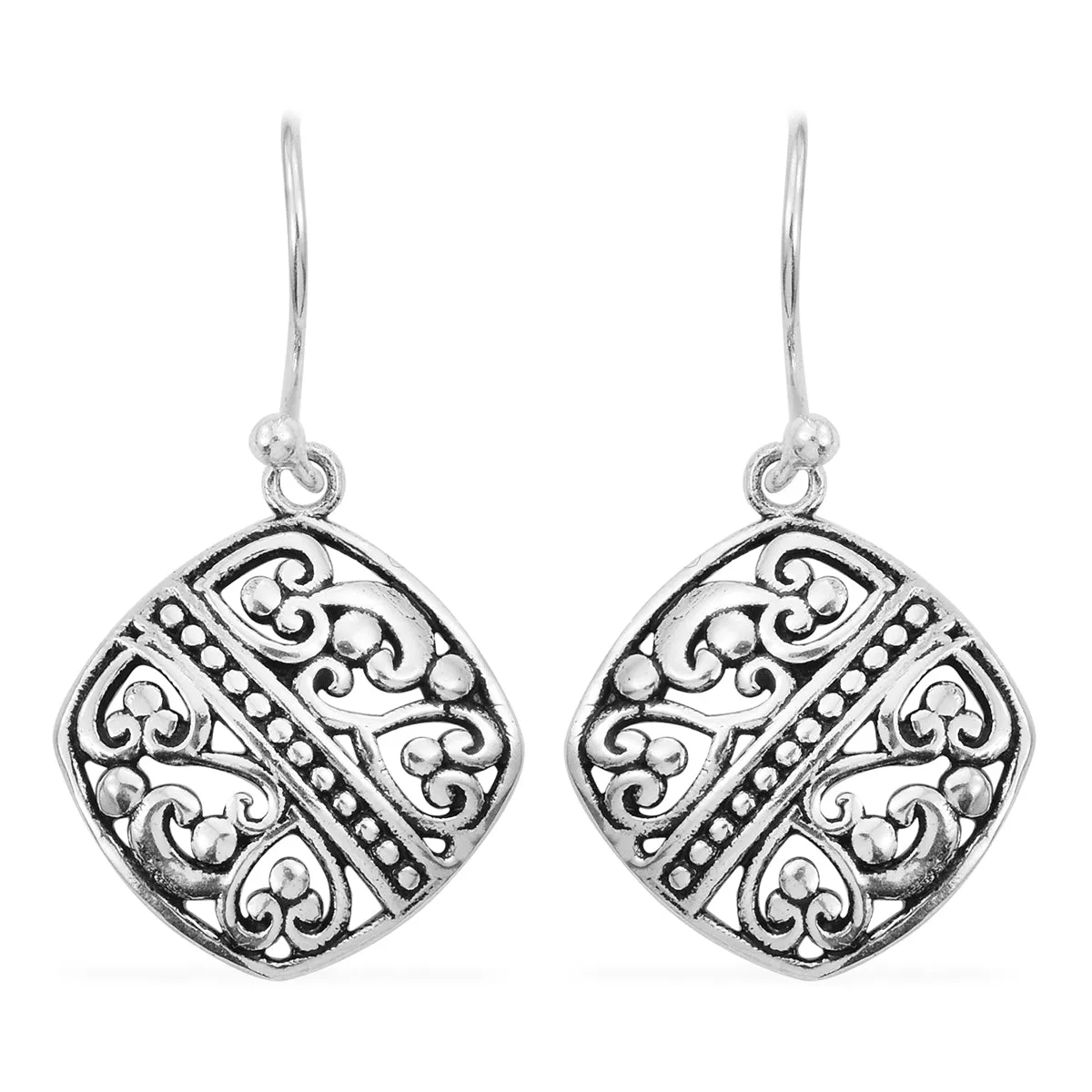 Artisan Crafted Sterling Silver Square Scroll/Bead Dangle Earrings (3.31 g)
