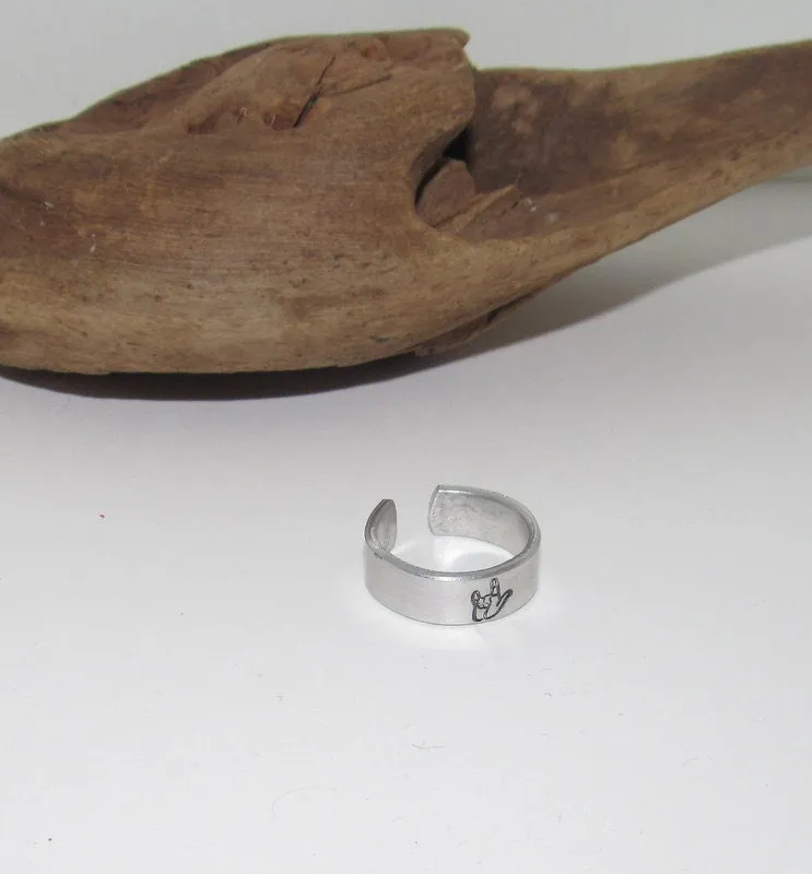 ASL I love you  Adjustable stamped ring, I love you aluminum ring, inspiration rings, adjustable silver ring, stamped jewelry,