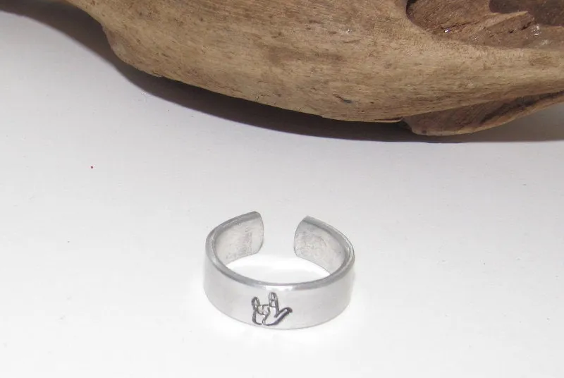 ASL I love you  Adjustable stamped ring, I love you aluminum ring, inspiration rings, adjustable silver ring, stamped jewelry,