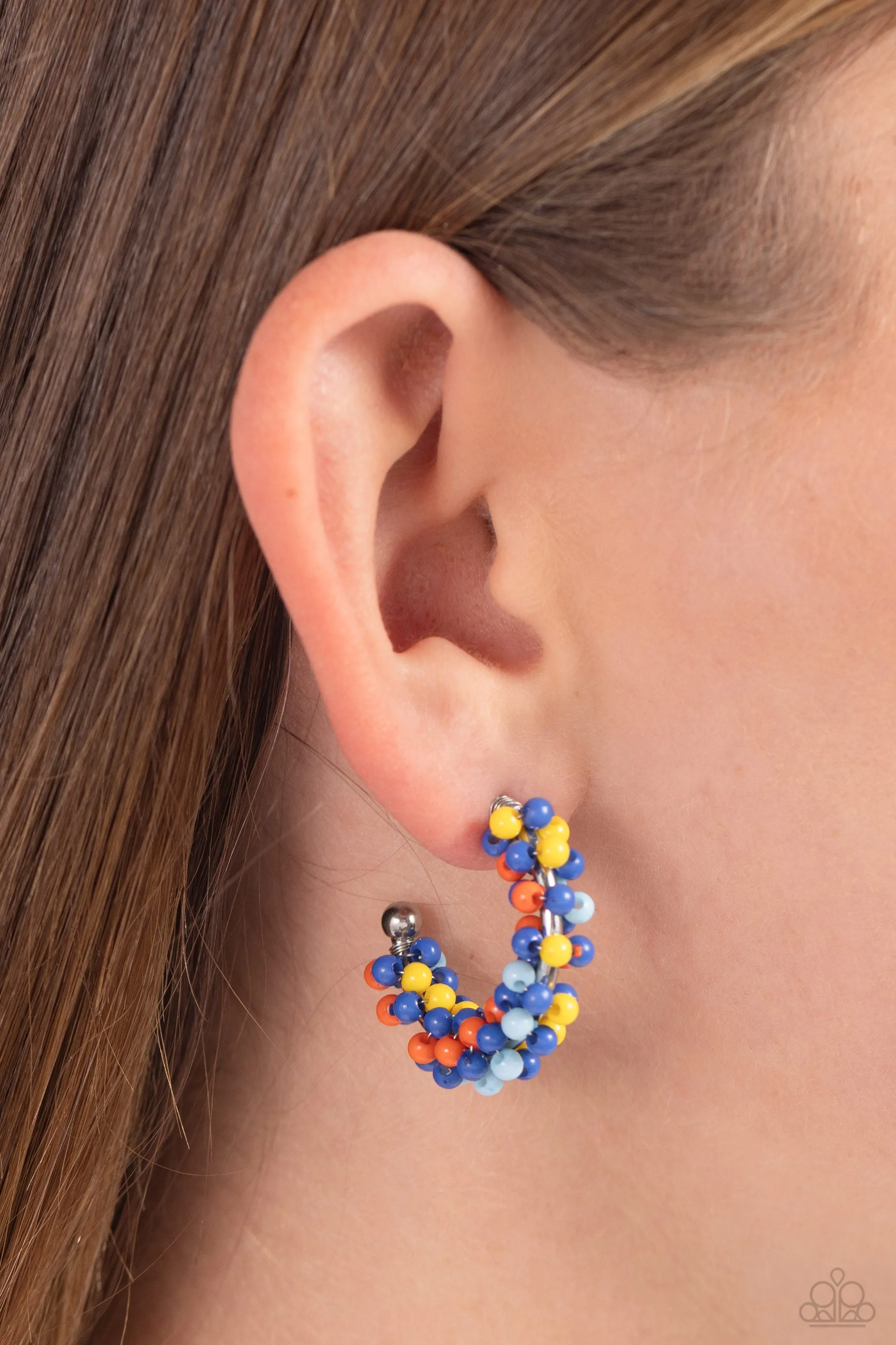 Balloon Backdrop - Blue - Yellow, and Orange Seed Bead Paparazzi Hoop Earrings