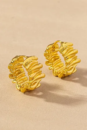 Brass ruffled ribbon huggie hoop earrings