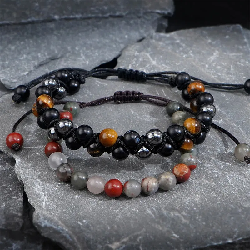 Buddha Stones 3Pcs Black Onyx Tiger Eye African Bloodstone Protection Support Set