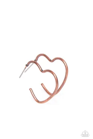 Burnished Beau - Copper - Heart-Shaped Paparazzi Small Hoop Earrings