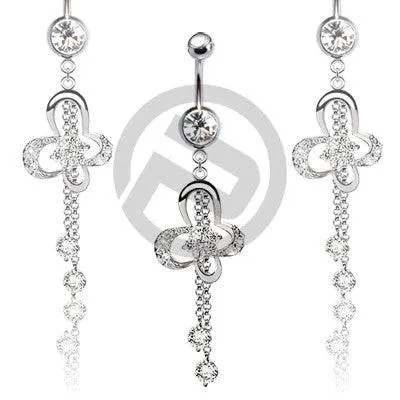 Butterfly Flower Clear CZ Belly Ring Dangle with 2 Drop Chains