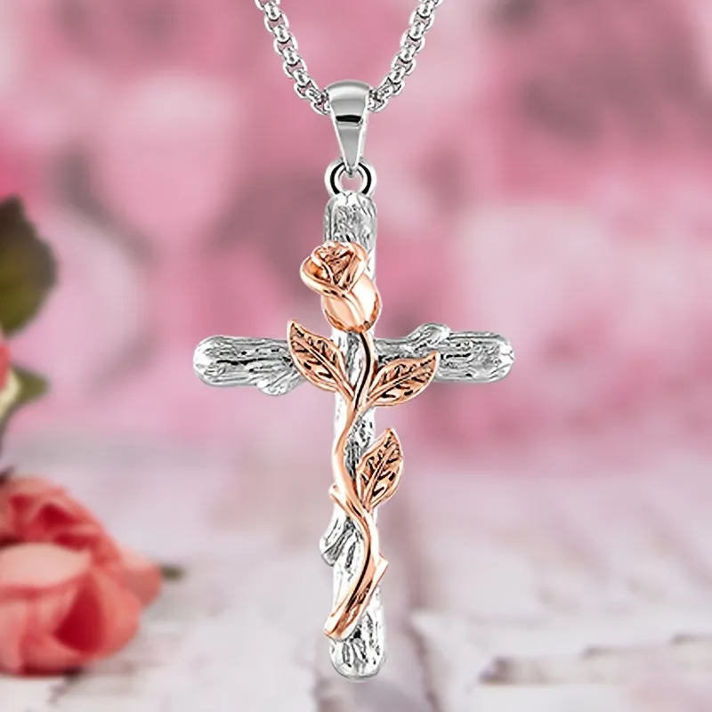 Casual Floral Cross Pendant Necklace