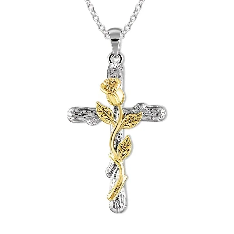 Casual Floral Cross Pendant Necklace