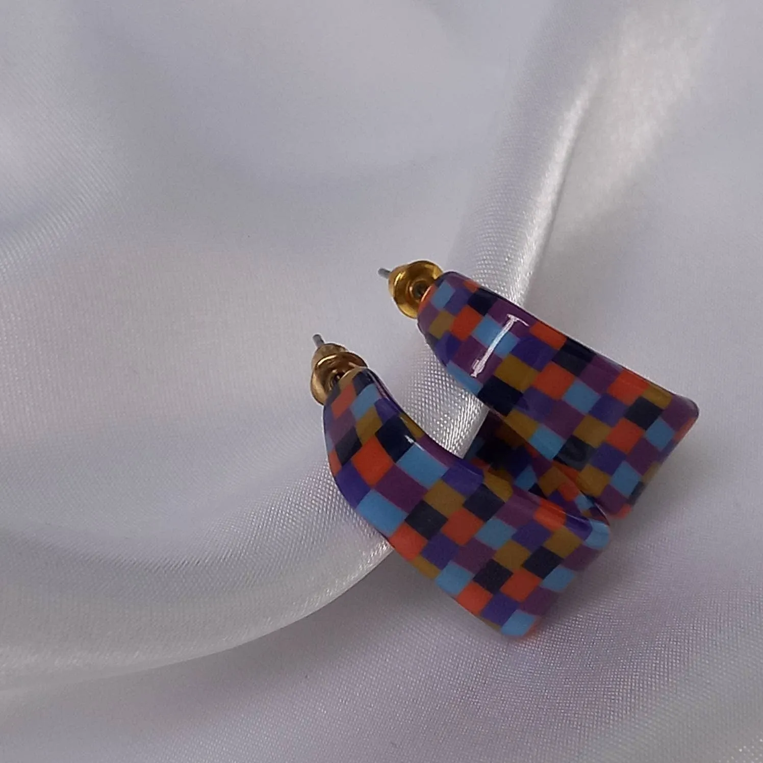 Checkered Square Hoop Earrings - Retro Earrings,Checkered Earrings,Square Hoops,Funky Hoop Earrings,Retro Hoop Earrings,Retro Jewlellery