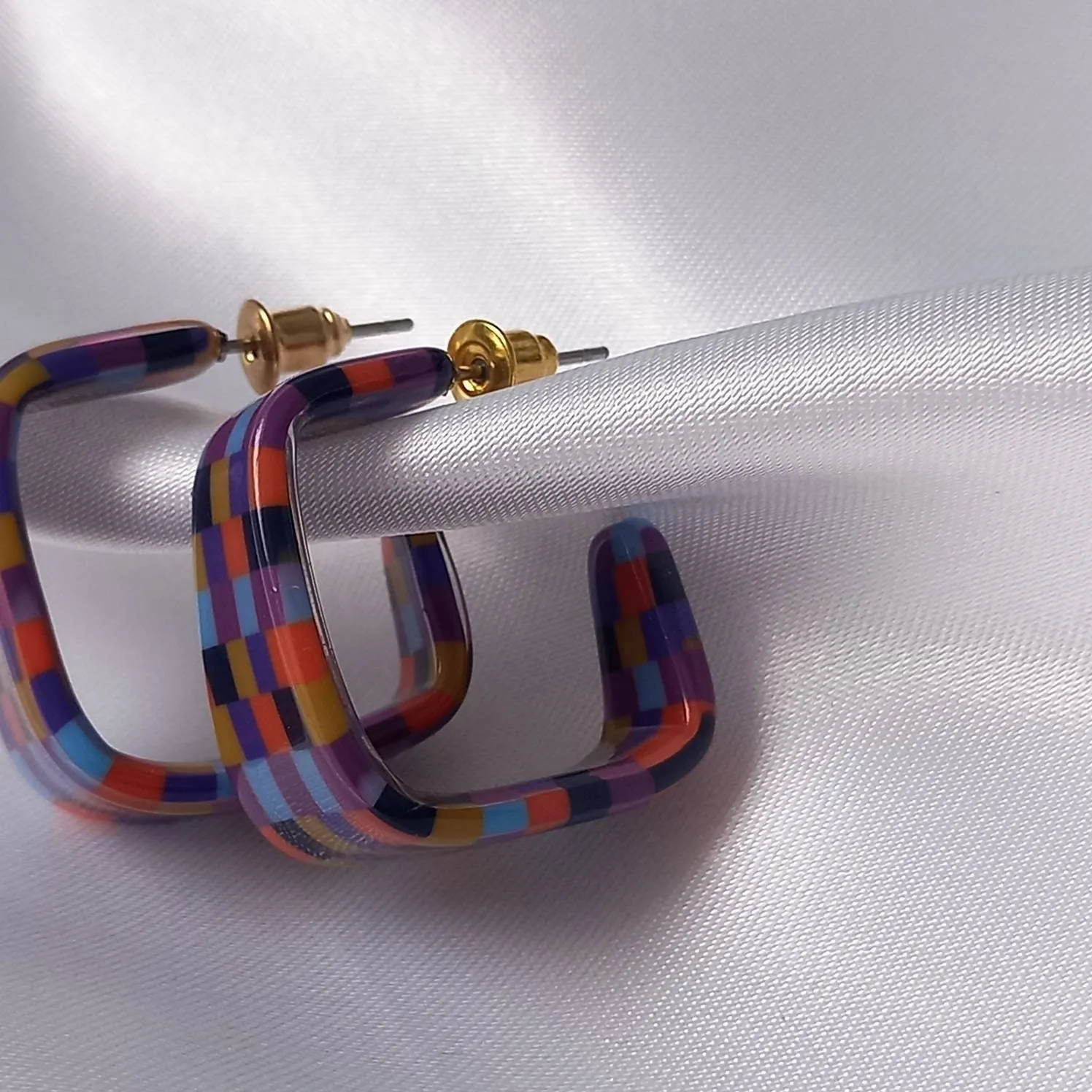 Checkered Square Hoop Earrings - Retro Earrings,Checkered Earrings,Square Hoops,Funky Hoop Earrings,Retro Hoop Earrings,Retro Jewlellery