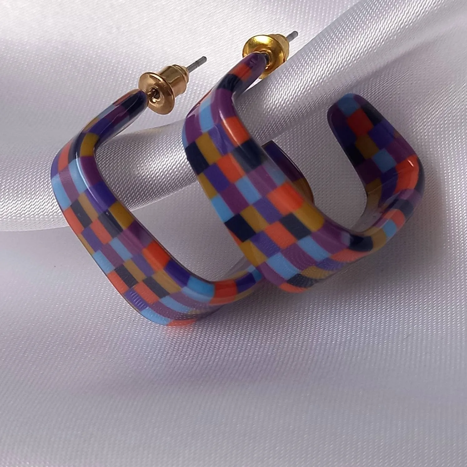 Checkered Square Hoop Earrings - Retro Earrings,Checkered Earrings,Square Hoops,Funky Hoop Earrings,Retro Hoop Earrings,Retro Jewlellery