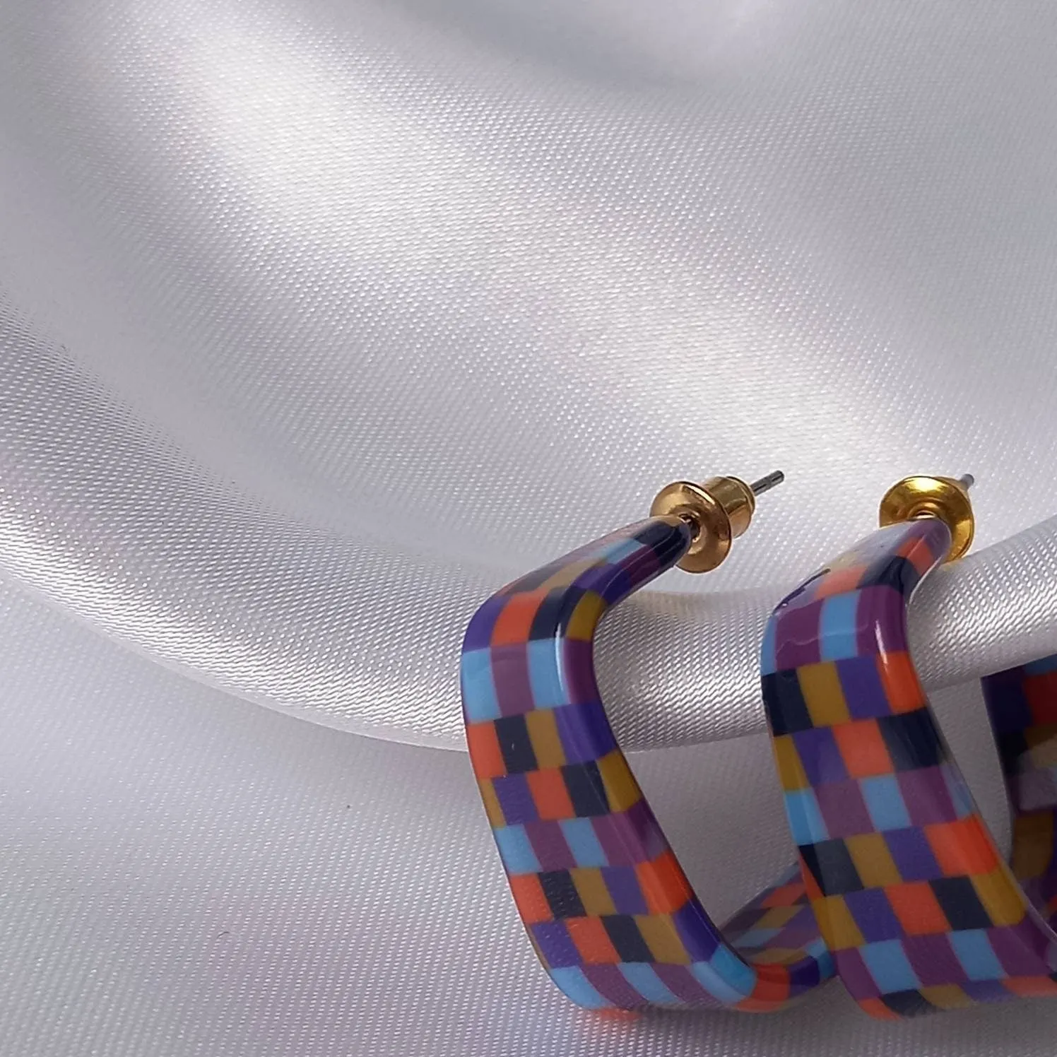 Checkered Square Hoop Earrings - Retro Earrings,Checkered Earrings,Square Hoops,Funky Hoop Earrings,Retro Hoop Earrings,Retro Jewlellery