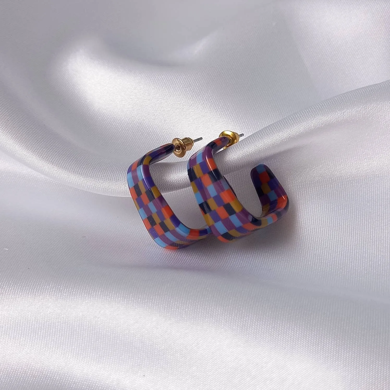 Checkered Square Hoop Earrings - Retro Earrings,Checkered Earrings,Square Hoops,Funky Hoop Earrings,Retro Hoop Earrings,Retro Jewlellery
