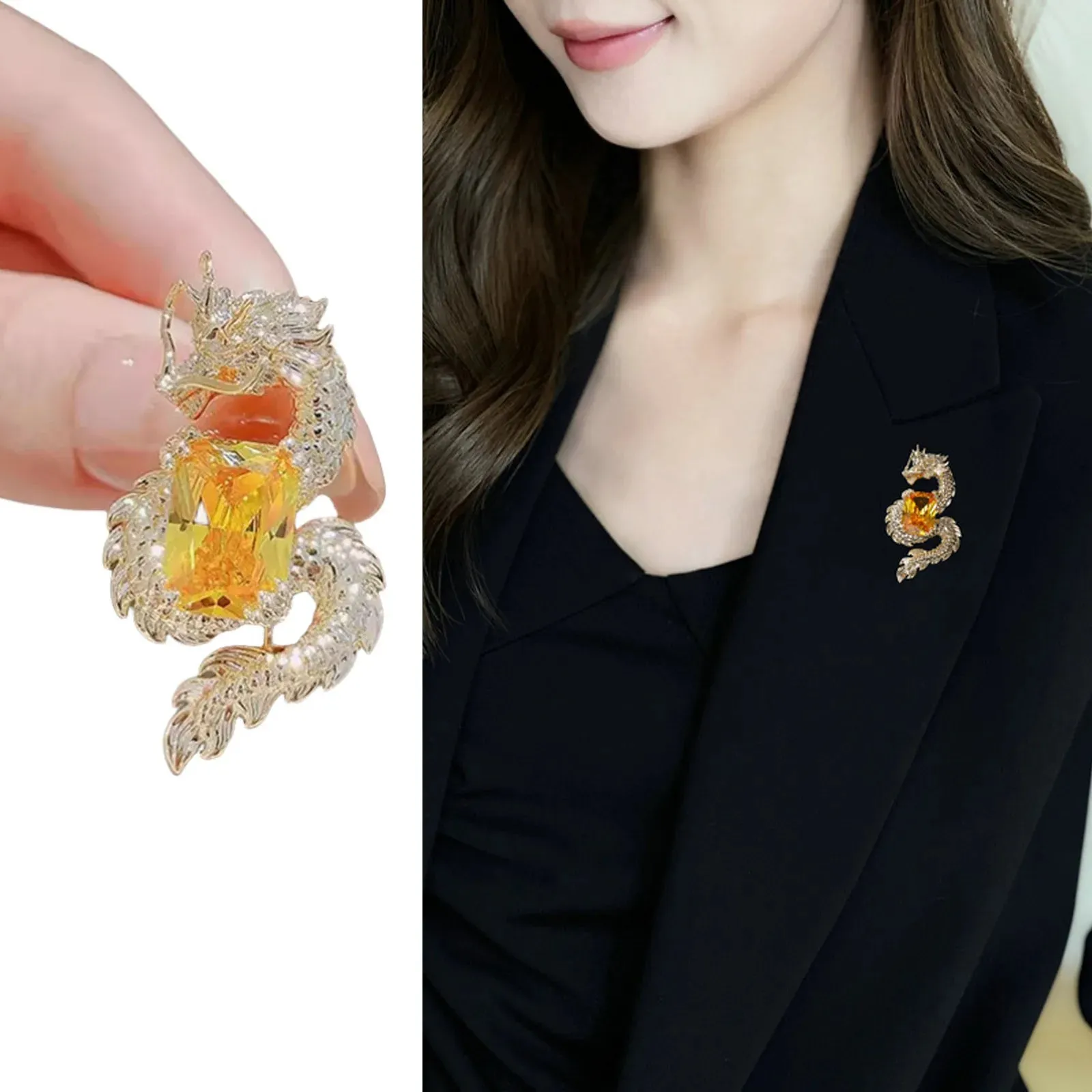 Chinese Dragon Brooch Unisex Temperament Natural Citrine Pin Party Wedding Accessories Zodiac Jewelry Gifts New Year Of Dragon