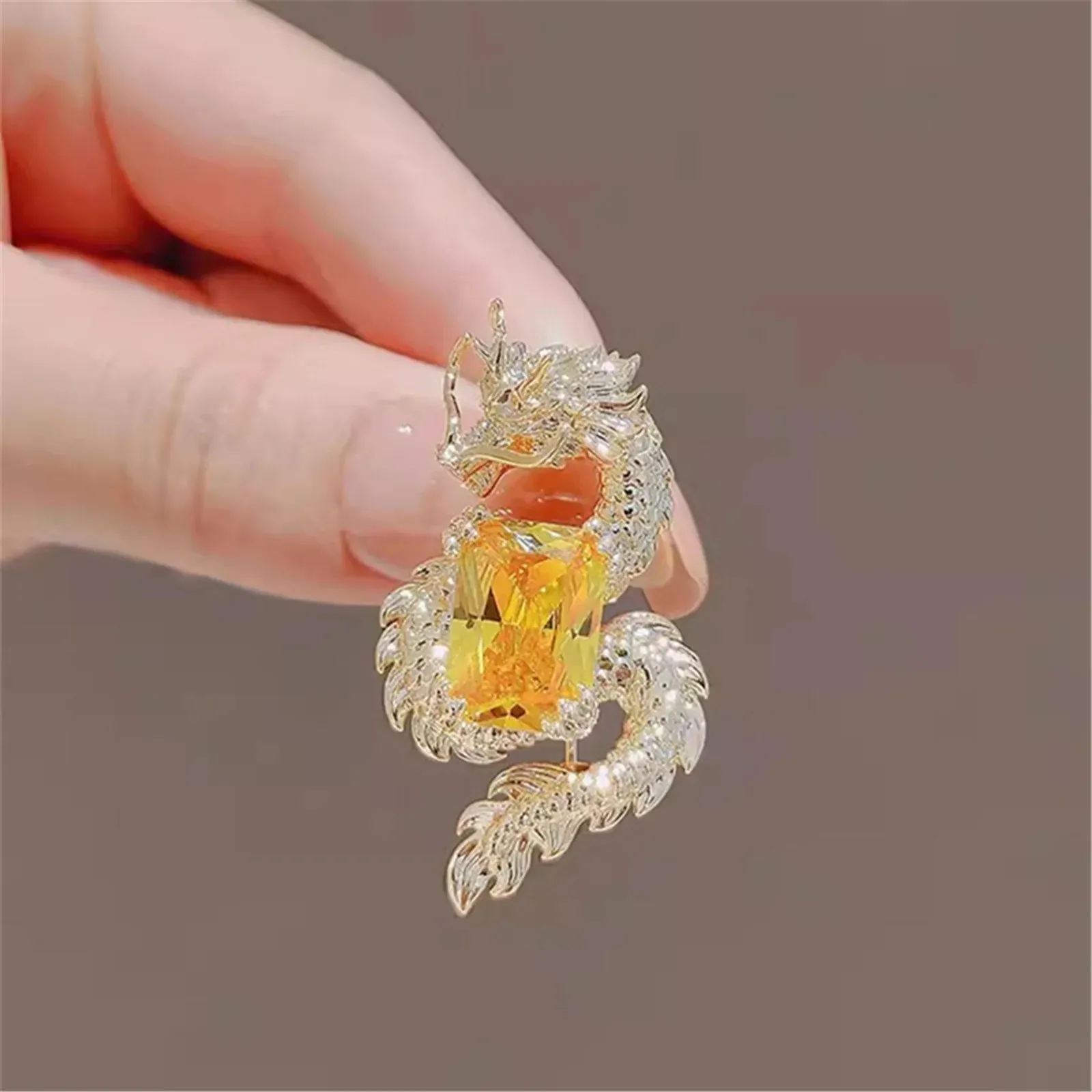 Chinese Dragon Brooch Unisex Temperament Natural Citrine Pin Party Wedding Accessories Zodiac Jewelry Gifts New Year Of Dragon