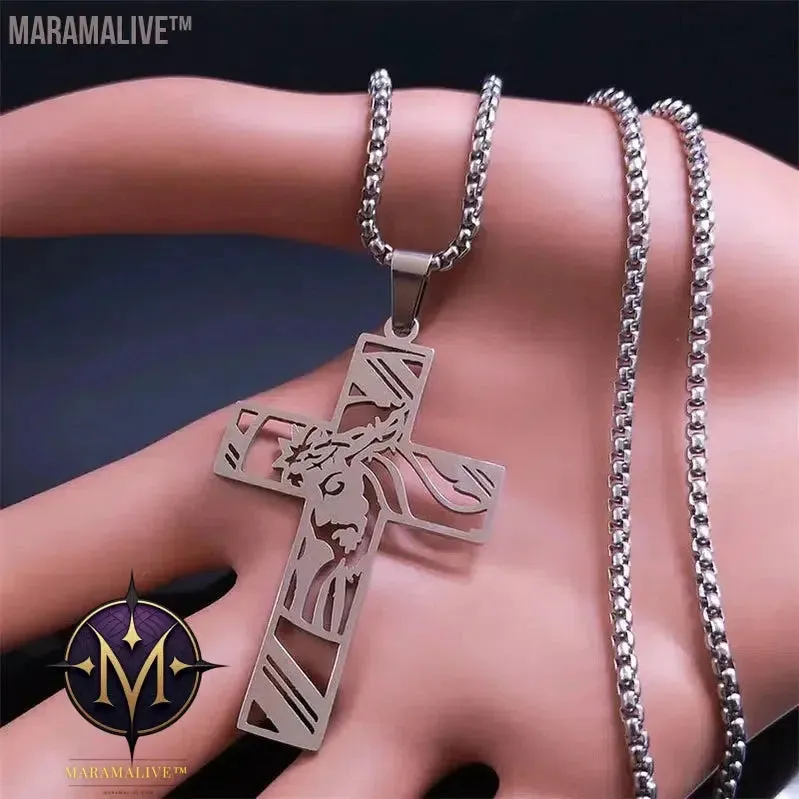 Christ God Cross Jesus Crown of Thorns Chain Necklace Men Stainless Steel Crucifix Necklace  Jewelry colar masculino N8051S02
