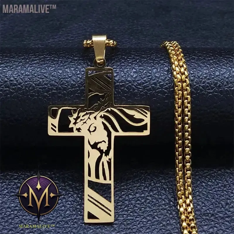 Christ God Cross Jesus Crown of Thorns Chain Necklace Men Stainless Steel Crucifix Necklace  Jewelry colar masculino N8051S02