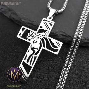 Christ God Cross Jesus Crown of Thorns Chain Necklace Men Stainless Steel Crucifix Necklace  Jewelry colar masculino N8051S02