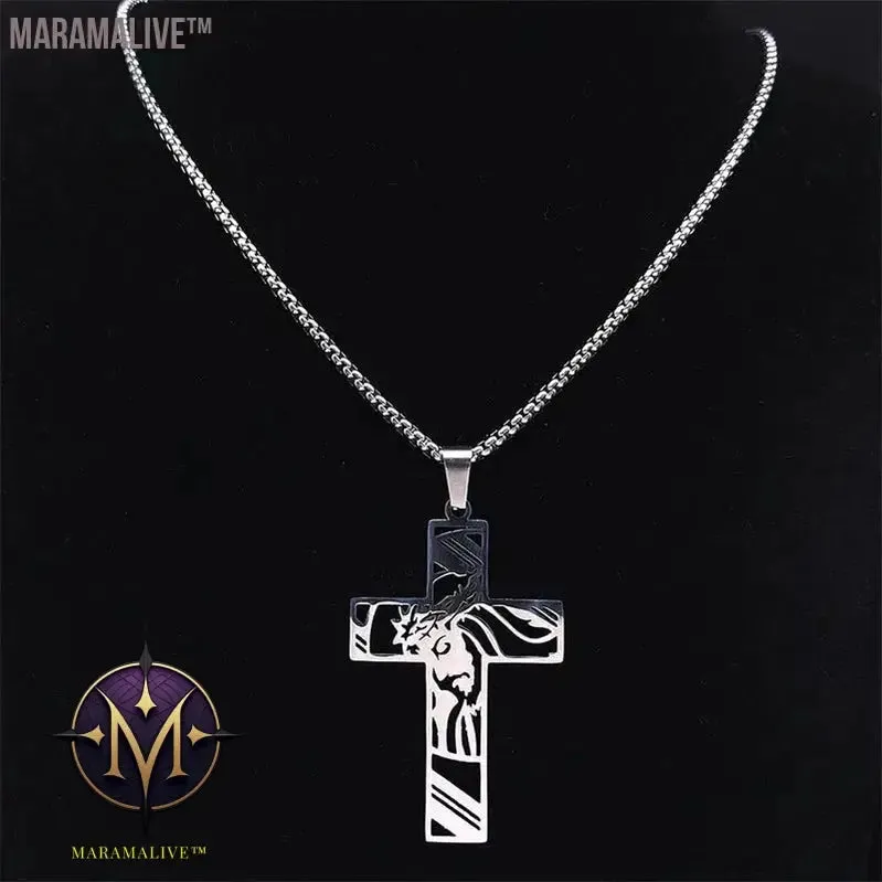 Christ God Cross Jesus Crown of Thorns Chain Necklace Men Stainless Steel Crucifix Necklace  Jewelry colar masculino N8051S02