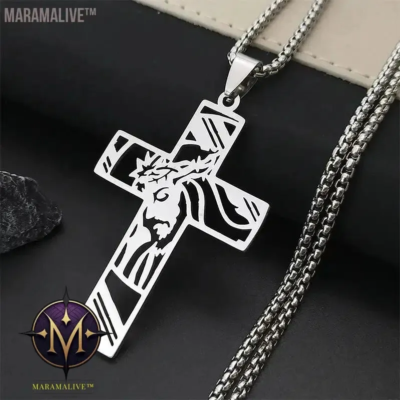 Christ God Cross Jesus Crown of Thorns Chain Necklace Men Stainless Steel Crucifix Necklace  Jewelry colar masculino N8051S02