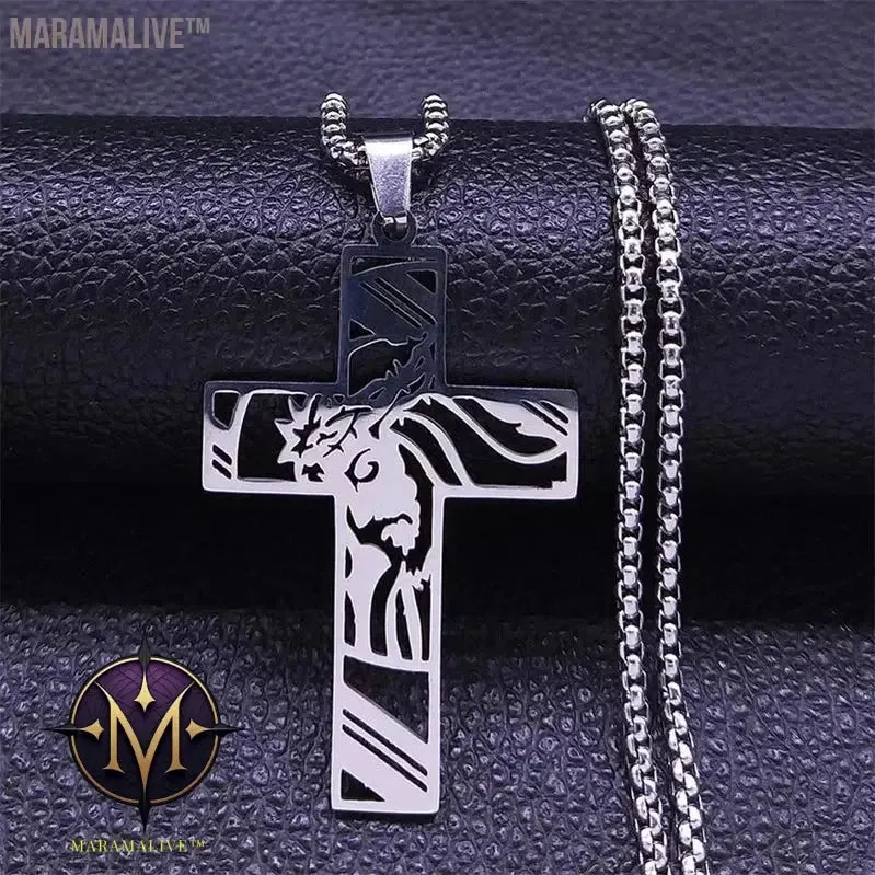 Christ God Cross Jesus Crown of Thorns Chain Necklace Men Stainless Steel Crucifix Necklace  Jewelry colar masculino N8051S02