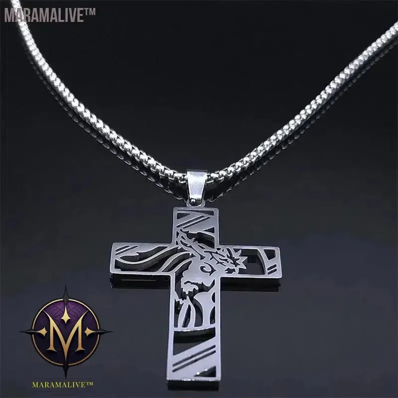 Christ God Cross Jesus Crown of Thorns Chain Necklace Men Stainless Steel Crucifix Necklace  Jewelry colar masculino N8051S02