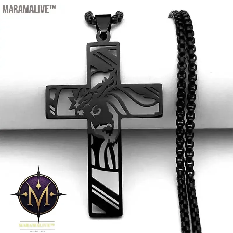 Christ God Cross Jesus Crown of Thorns Chain Necklace Men Stainless Steel Crucifix Necklace  Jewelry colar masculino N8051S02