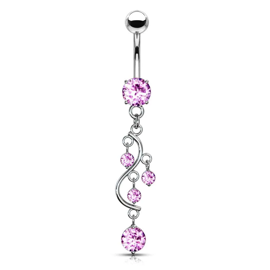 Classic Traditional Vine Prong Pink Dangling Surgical Steel Belly Button Navel Ring
