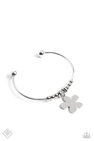 Comber Canvas - Silver - Groovy Retro Flower Charm Paparazzi Cuff Bracelet - January 2023 Sunset Sightings
