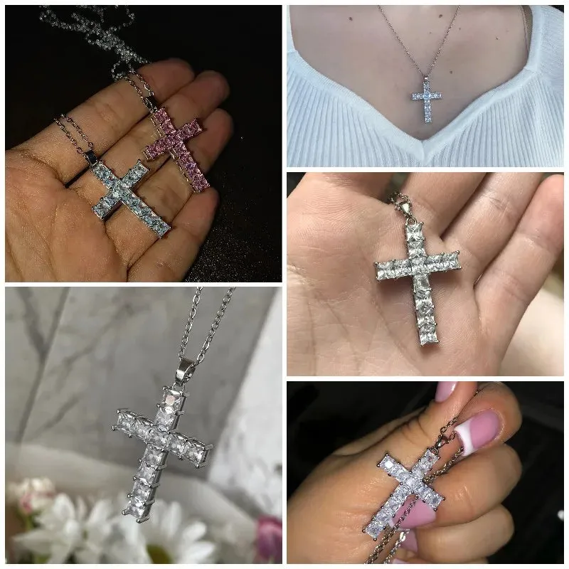 Cross Necklace Inlaid White/Pink Cubic Zirconia Fashionable Versatile Necklace for Women Jewelry Gift for Her