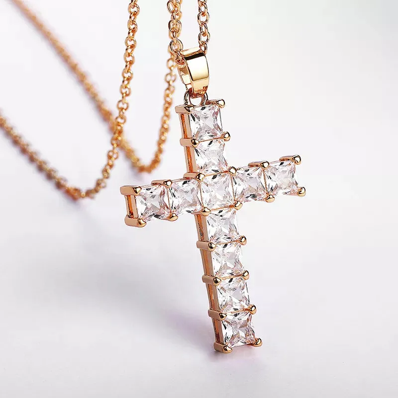 Cross Necklace Inlaid White/Pink Cubic Zirconia Fashionable Versatile Necklace for Women Jewelry Gift for Her