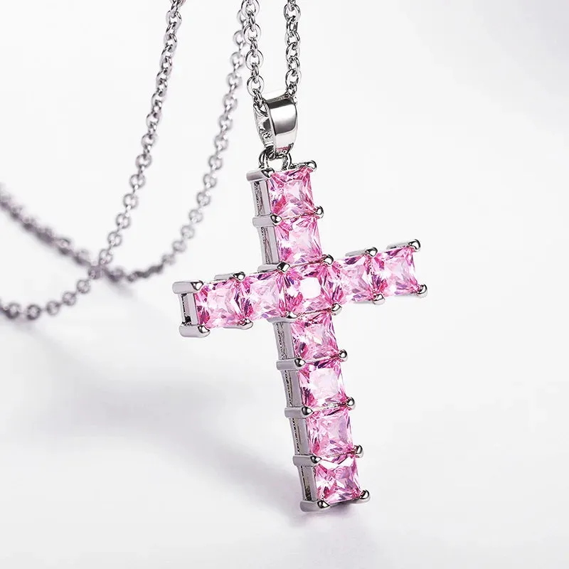 Cross Necklace Inlaid White/Pink Cubic Zirconia Fashionable Versatile Necklace for Women Jewelry Gift for Her